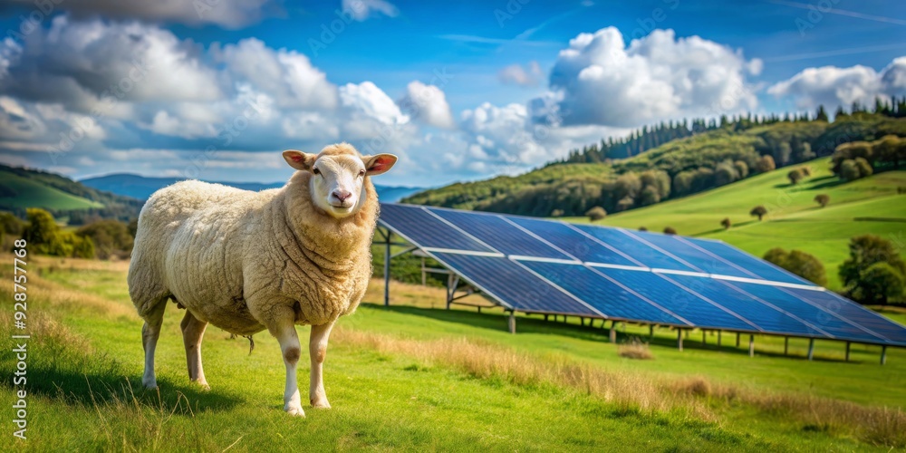 Obraz premium Sheep in a Field with Solar Panels, green energy, rural landscape, sustainable living, renewable energy