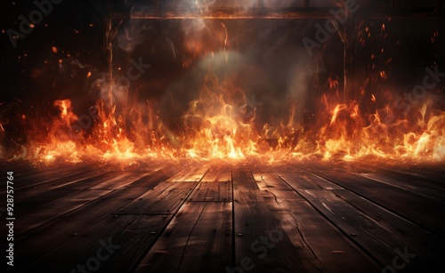 Flames engulf wooden floor photo