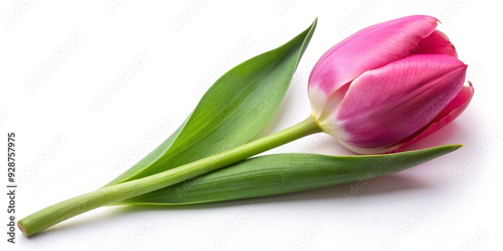 Single Pink Tulip with Green Stem on White Background, tulip , flower , spring , bloom Single Pink Tulip with Green Stem on White Background, tulip , flower , spring , bloom