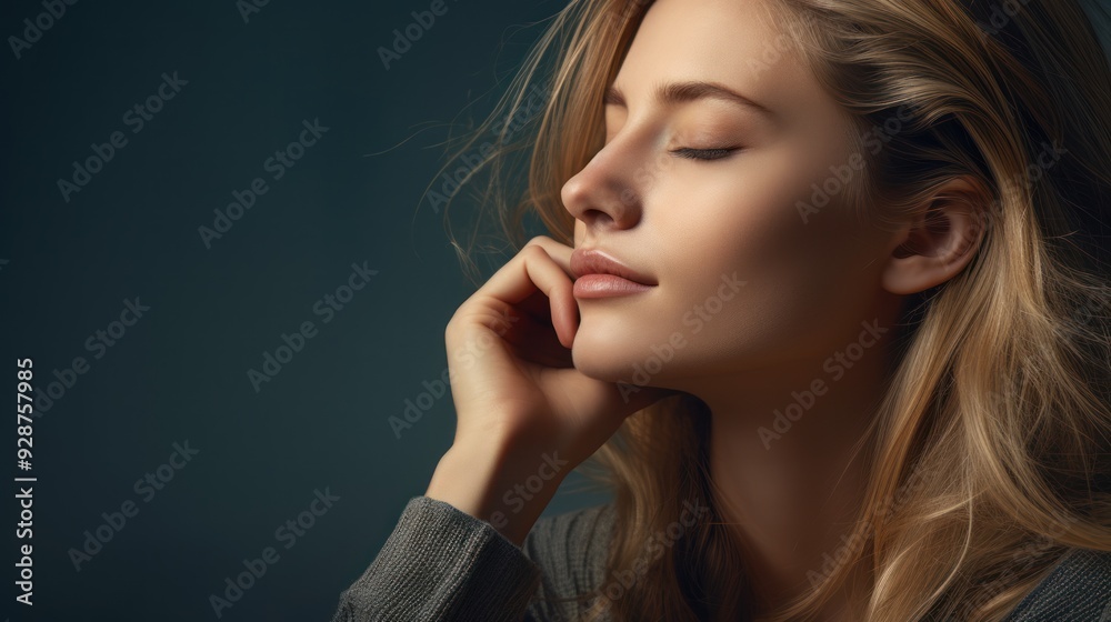 a woman exuding calmness with relaxed expression Close-up a woman exuding calmness with relaxed expression Close-up