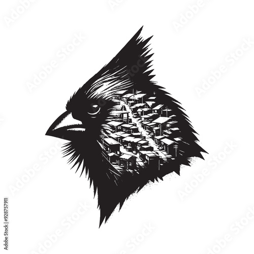 silhouette of Cardinal filled with ghetto street in rough drawing
