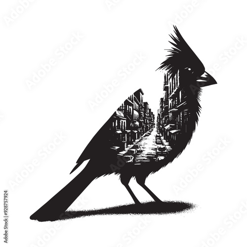 silhouette of Cardinal filled with ghetto street in rough drawing