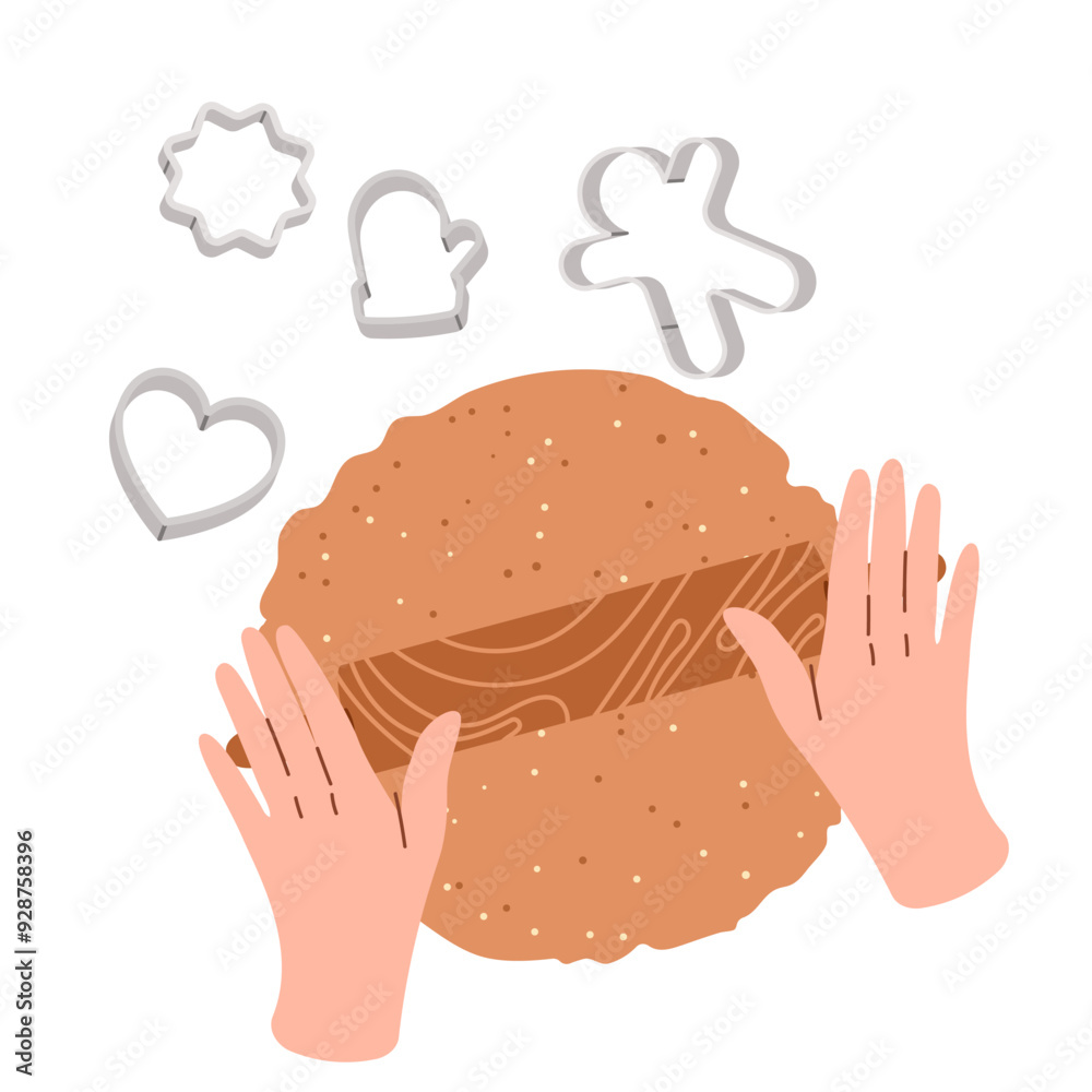 Obraz premium Girl rolls out cookie dough. Making Christmas gingerbread cookies on isolated background. Top view. Homemade bakery preparing with dough. Cooking school. Vector illustration in flat style.