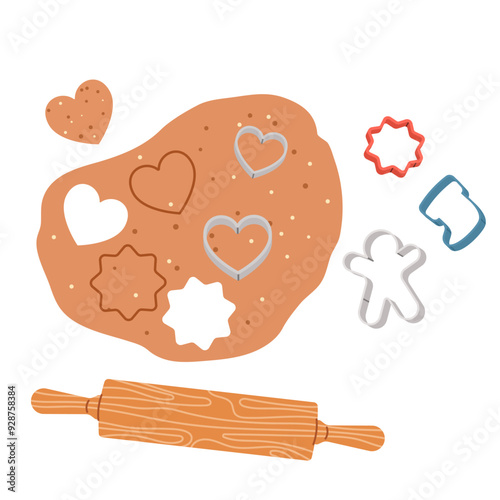 Girl rolls out cookie dough. Making Christmas gingerbread cookies on isolated background. Top view. Homemade bakery preparing with dough. Cooking school. Vector illustration in flat style.