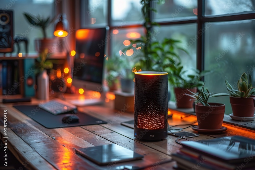 A cozy home office setup featuring a smart speaker and multiple gadgets at dusk, emitting a warm ambiance conducive to both productivity and relaxation. A cozy home office setup featuring a smart speaker and multiple gadgets at dusk, emitting a warm ambiance conducive to both productivity and relaxation.