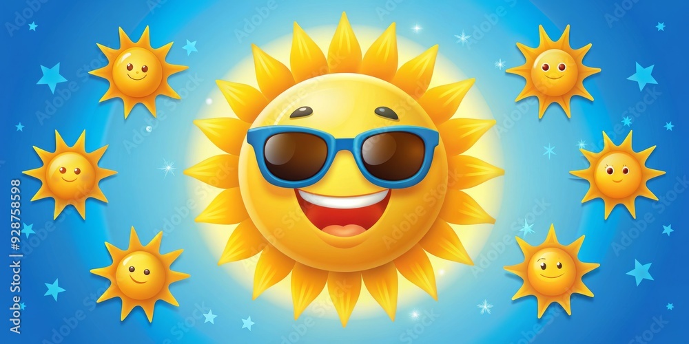 Smiling Sun with Sunglasses in Blue Sky, Digital Illustration, Cartoon Sun, Summer, Happiness, Joy , sun Smiling Sun with Sunglasses in Blue Sky, Digital Illustration, Cartoon Sun, Summer, Happiness, Joy , sun