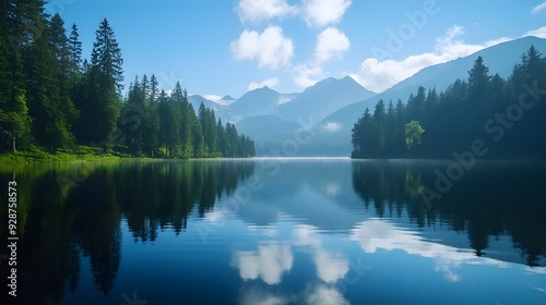 A serene and peaceful landscape featuring a calm lake that perfectly reflects the surrounding mountains and forests creating a mesmerizing and picturesque scene