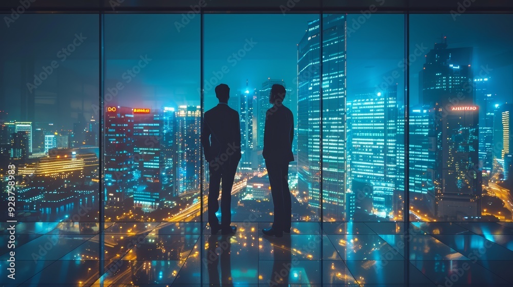 Two figures silhouetted against a city skyline at night with illuminated skyscrapers and a bright urban landscape