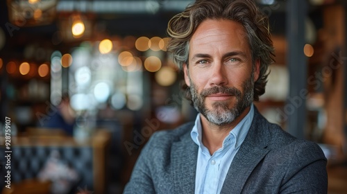 A confident man with wavy hair and a beard stands in a stylish café with ambient lighting and warm decor