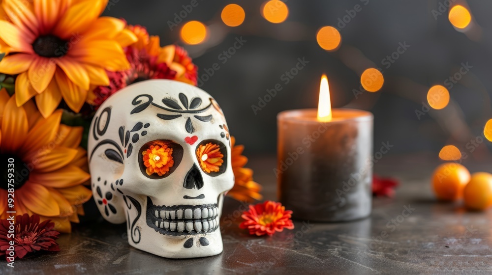 A skull with flowers and candles on a table A skull with flowers and candles on a table