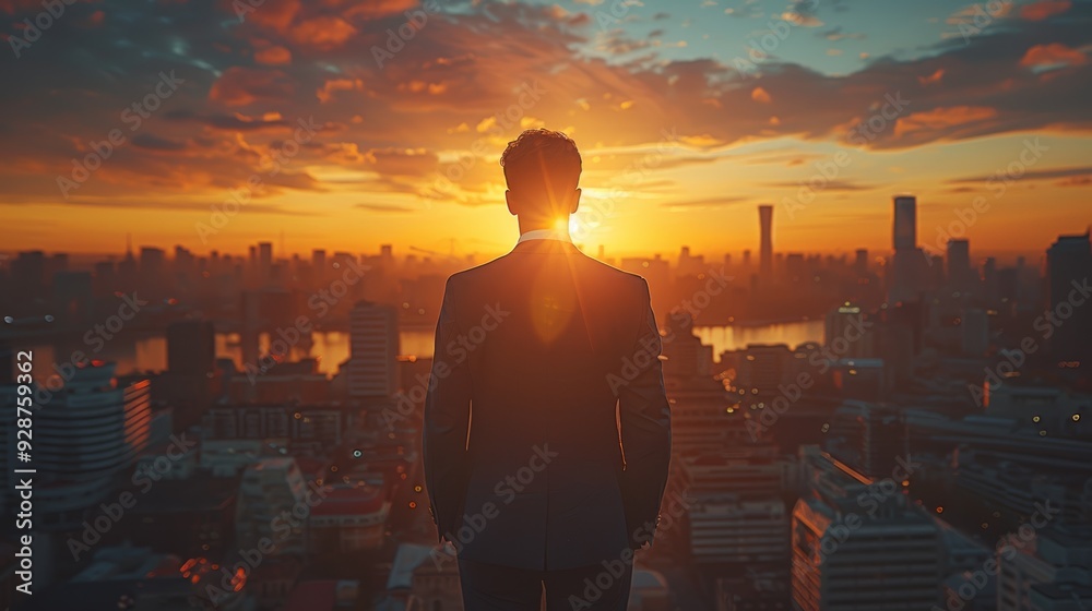 Fototapeta premium A businessman watches the sunset over a city skyline from a rooftop on a serene evening