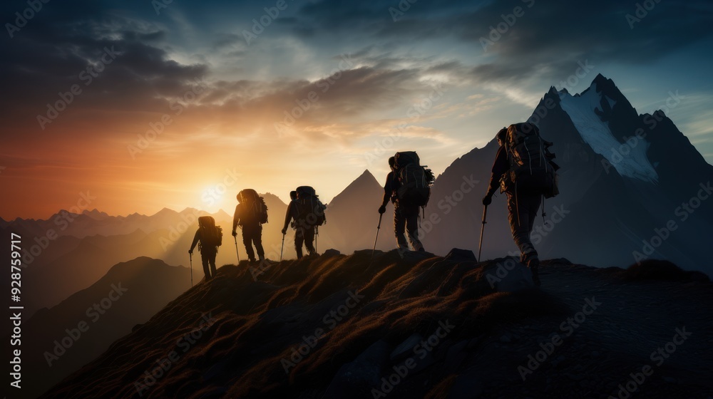 Silhouette of a group of hikers 