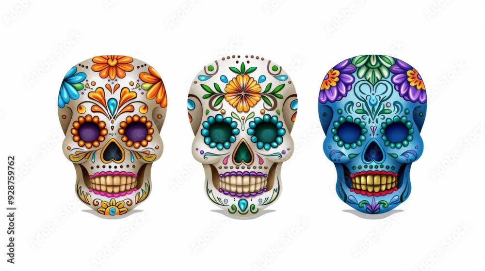 Three skulls with flowers and jewels on them Three skulls with flowers and jewels on them