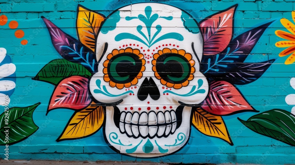 A colorful skull with flowers and leaves painted on it A colorful skull with flowers and leaves painted on it