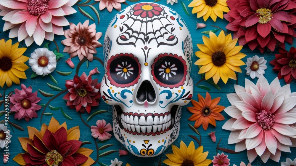 A skull is surrounded by flowers and is painted with bright colors