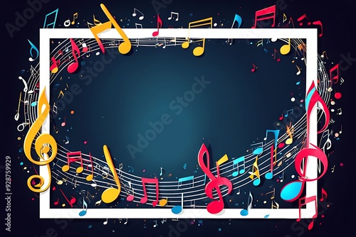 Music Notes Background with Decorative Colored Frame  Perfect Musical Frame for Posters and Designs, copy space. photo