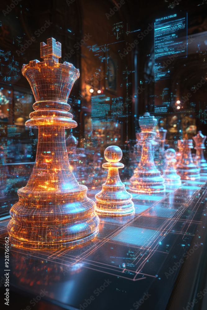 Chess business strategy, A detailed hologram of chess pieces engaged in a match, accompanied by floating, interactive annotations illustrating possible moves and their Chess business strategy, A detailed hologram of chess pieces engaged in a match, accompanied by floating, interactive annotations illustrating possible moves and their