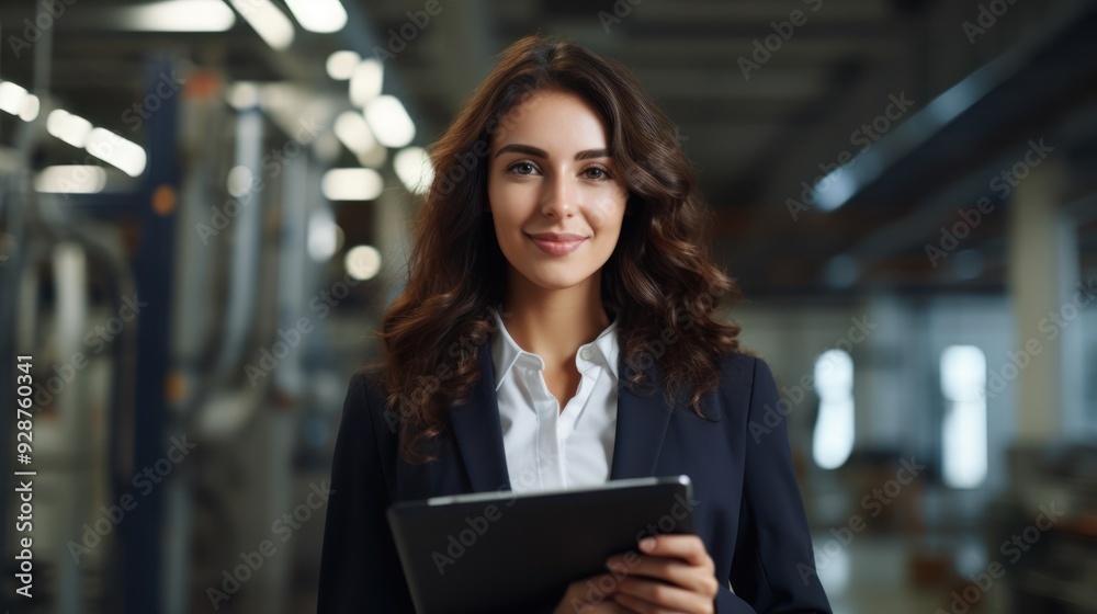 Smiling young female engineer standing in a modern office environment, Smiling young female engineer standing in a modern office environment,