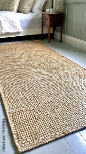 The cozy bedroom blends natural materials with a calming color palette, featuring a jute rug, linen bed sheets, and elegant decor elements