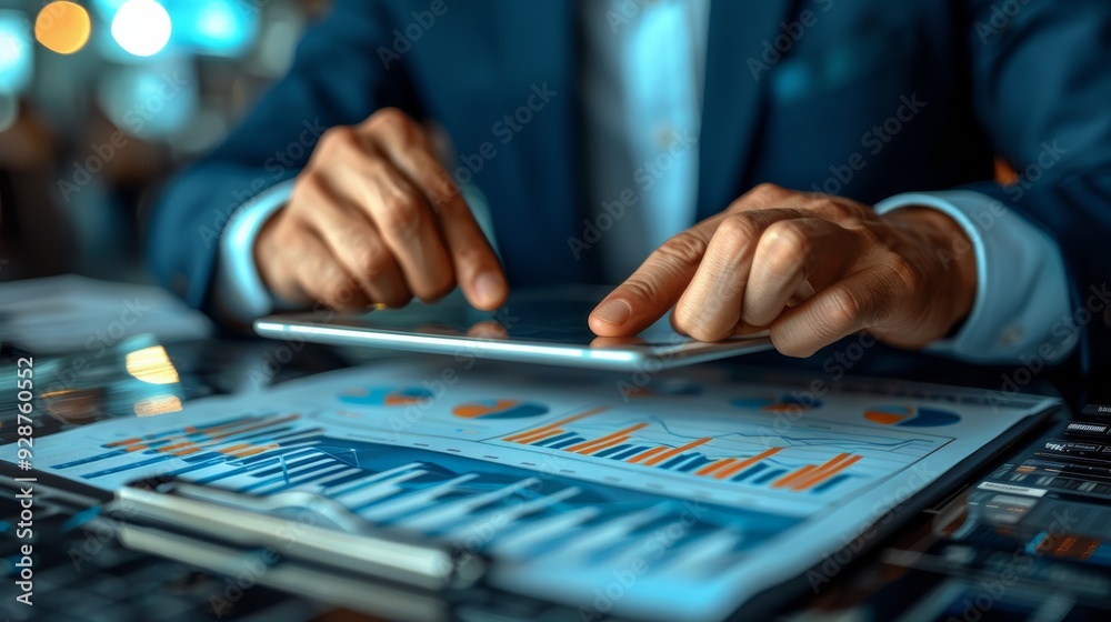Business professional analyzing data on a tablet at a modern office during the day Business professional analyzing data on a tablet at a modern office during the day