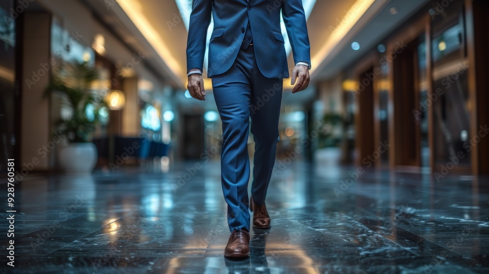 Fototapeta premium Business professional walking through a modern hotel lobby in the evening