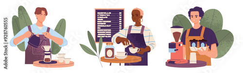 Set of Baristas. Professional coffee shop workers prepare delicious coffee, hold cup of espresso, froth and pour milk. Cafe staff. Flat vector illustration collection isolated on white background