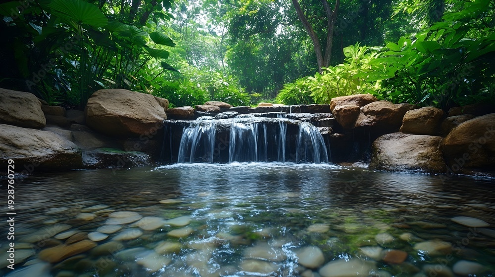 Naklejka premium panoramic view of a pristine natural landscape featuring towering mountain peaks dense evergreen forests and winding rivers and streams flowing through a verdant valley