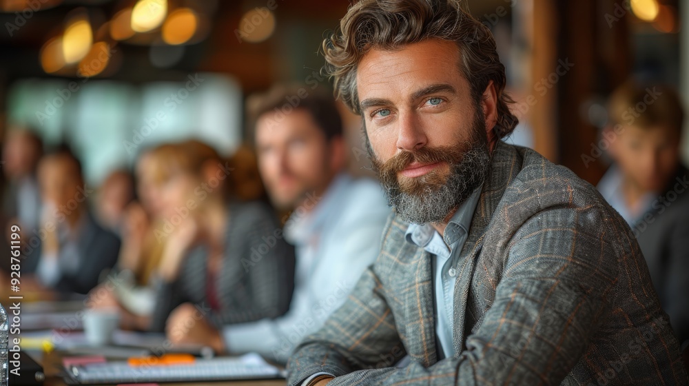Fototapeta premium Business meeting in a modern office setting during the afternoon, featuring a man with a beard looking attentively at the camera