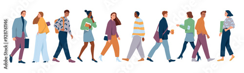 Diverse business people walking. Side view of happy men and women entrepreneurs or office employees rushing to work or business meeting. Flat vector illustration set isolated on white background