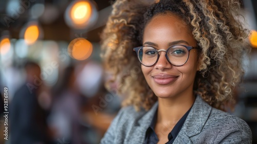 Professional woman with curly hair in glasses smiling confidently at a modern cafe during the day