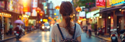 A young woman with long brown hair walks down a busy street in Asia, with a floral backpack, with the blurred city lights in the background.