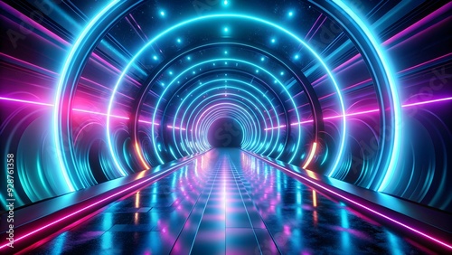 Abstract neon light tunnel with streaks of blue, purple, and turquoise colors , vibrant, futuristic, illuminated