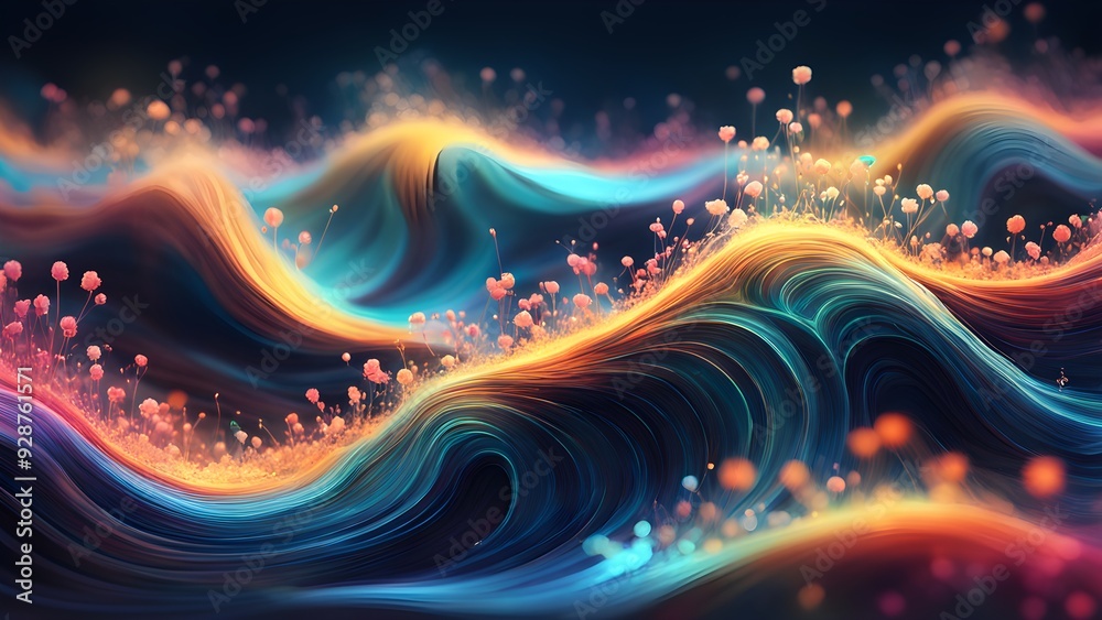 A colorful wave with flowers and plants on it