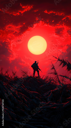 Silhouette of a soldier under a fiery red sky and large sun, standing on a rugged landscape with intense clouds. photo