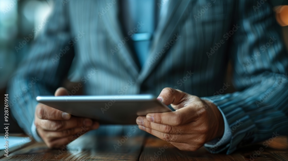 Business person reading data on a tablet in a modern office during the day
