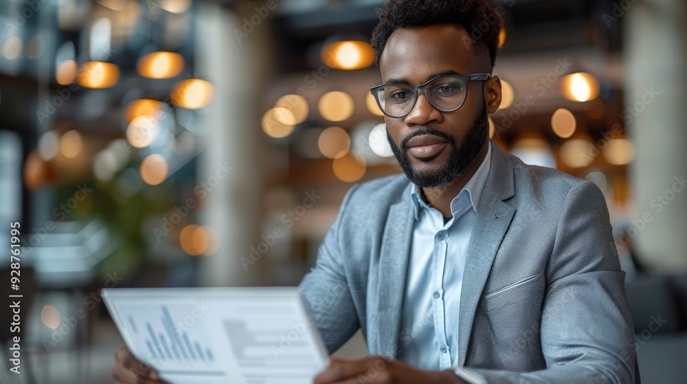 Business professional reviewing financial reports in a modern office setting during the day Business professional reviewing financial reports in a modern office setting during the day