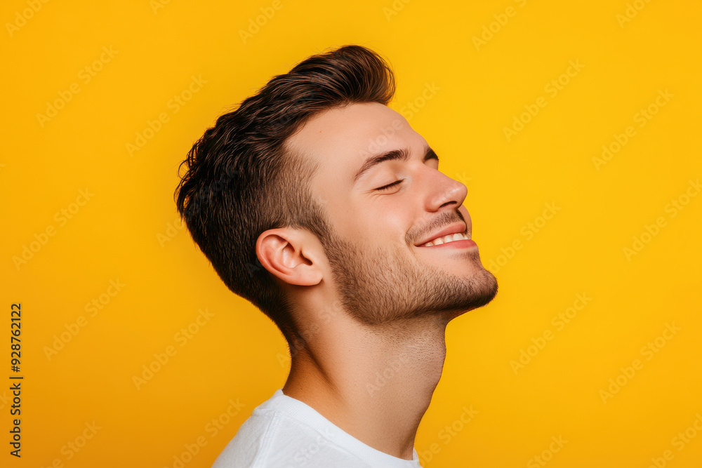 A close up of a man's face with his eyes closed