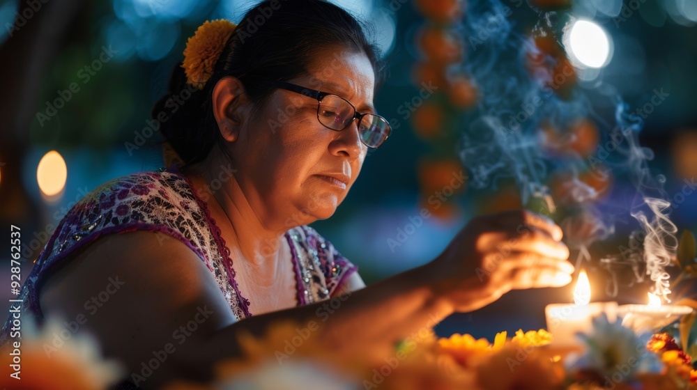 A woman is lighting candles in a garden A woman is lighting candles in a garden