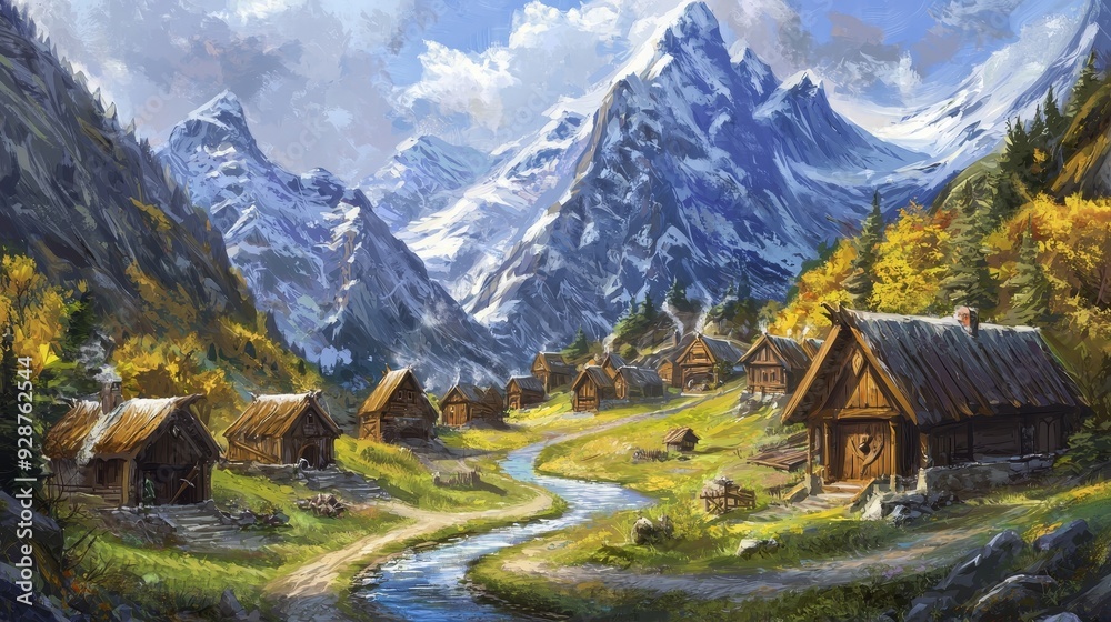 A spooky and mystical medieval fantasy village situated near a riverbank. A spooky and mystical medieval fantasy village situated near a riverbank.