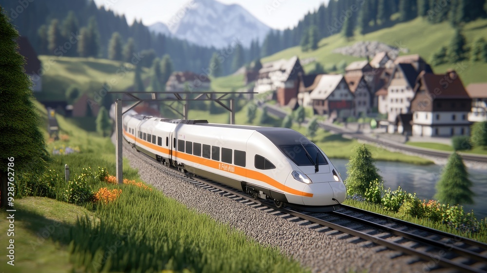 Naklejka premium A high-speed train in white and orange bursts from a tunnel, surrounded by lush mountains and a tranquil water surface near a quaint village