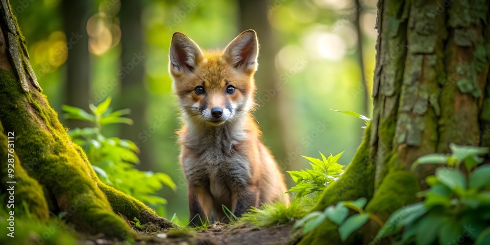 Obraz premium Fox cubs playing among the trees in a lush forest, nature, wildlife, animals, cute, baby animals, siblings, siblings, fun