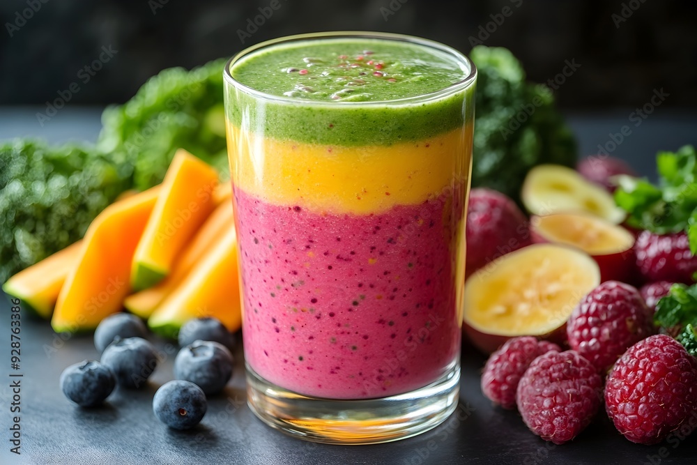 Vibrant and Nutritious Smoothie Drink in Glass with Assortment of Fresh Fruits and Vegetables for Health Conscious Lifestyle and Wellness Vibrant and Nutritious Smoothie Drink in Glass with Assortment of Fresh Fruits and Vegetables for Health Conscious Lifestyle and Wellness