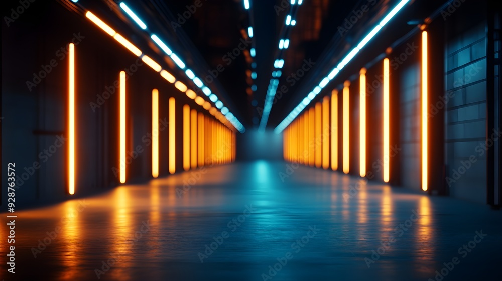 3D grunge-style dark hallway with subtle stripe lights, creating an eerie atmosphere in an empty white studio corridor 3D grunge-style dark hallway with subtle stripe lights, creating an eerie atmosphere in an empty white studio corridor