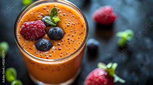 A close up view of a visually appealing and nutritionally dense smoothie brimming with a vibrant blend of fresh fruits and vegetables  This healthy drink is perfect for a balanced breakfast photo