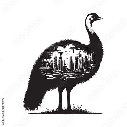 silhouette of Cassowary filled with destroyed futuristic dystopia environment in rough drawing