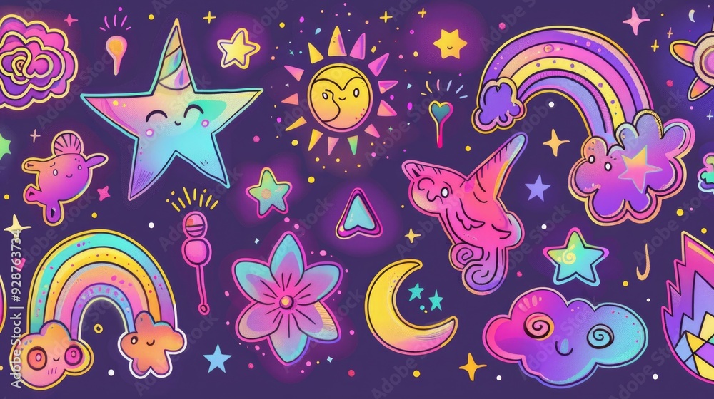 Naklejka premium A collection of diverse stickers on a vibrant purple background, suitable for use in digital design projects or as a creative element