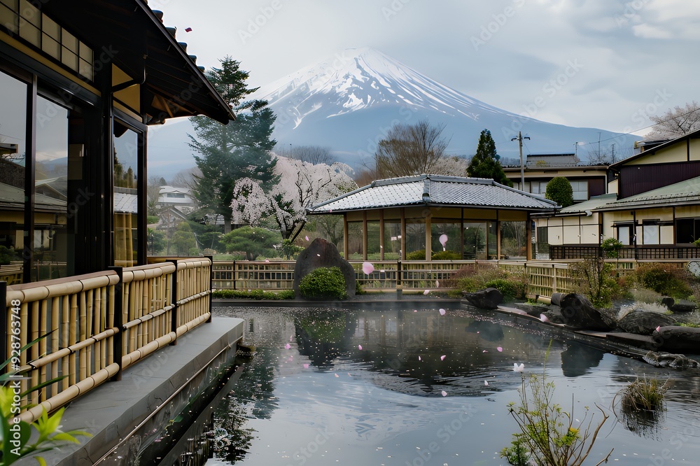 Naklejka premium Tranquil pond with Mt Fuji in the background, pink petals floating on water.