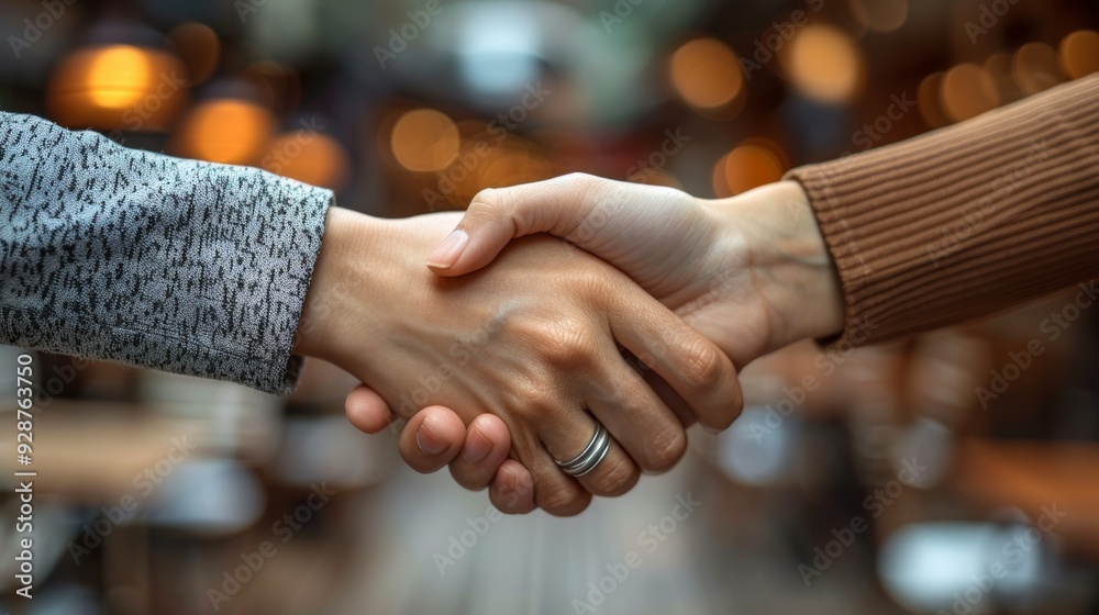 Two people shaking hands indoors in a casual setting during the afternoon, demonstrating a moment of agreement or partnership Two people shaking hands indoors in a casual setting during the afternoon, demonstrating a moment of agreement or partnership