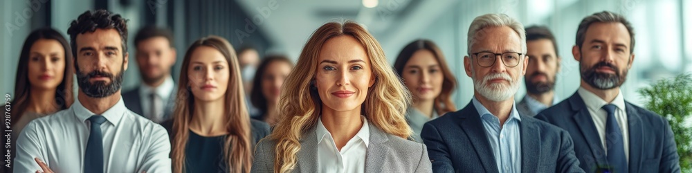 panoramic photo of a big business team standing together, Generative AI panoramic photo of a big business team standing together, Generative AI