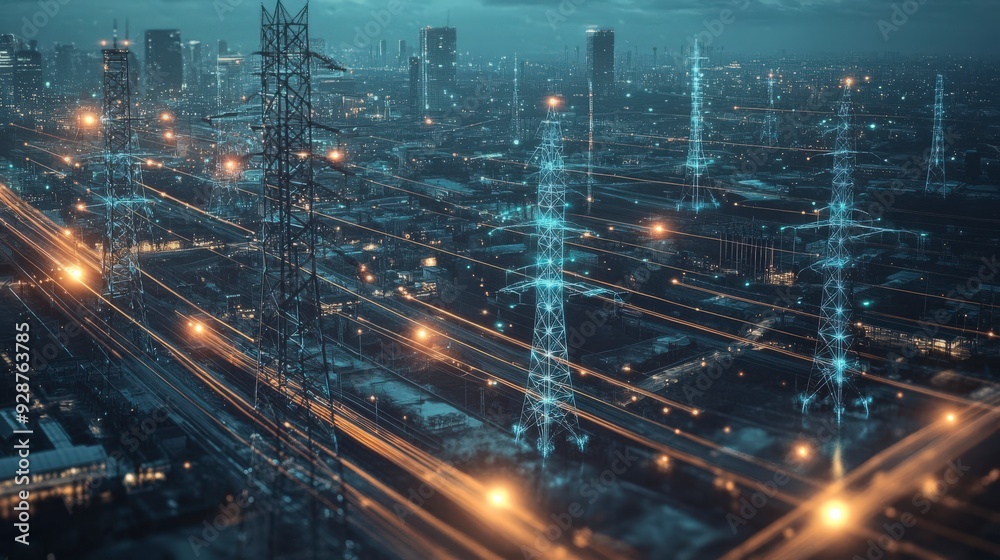 Illuminated city skyline with power lines and towers at night. Illuminated city skyline with power lines and towers at night.